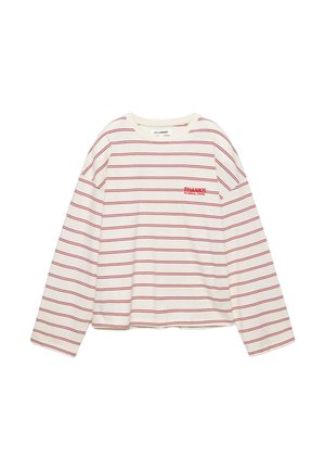 Biała koszula z długim rękawem w cienkie czerwone poziome paski oraz czerwony napis "THANKS For Nothing. Literally." na lewej stronie klatki piersiowej.