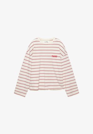 Hvid langærmet skjorte med tynde røde, vandrette striber og rød tekst "THANKS For Nothing. Literally." på venstre brystområde.