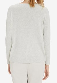 Maglione grigio chiaro a maniche lunghe con una vestibilità rilassata, texture morbida e scollatura rotonda. Presenta un orlo posteriore leggermente più lungo.