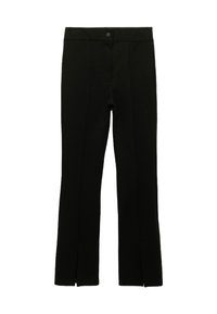 Schwarze Hose aus einem weichen Stoff, mit geradem Bein, einem vorderen Knopfverschluss und dezenten Seitenschlitzen am Saum.