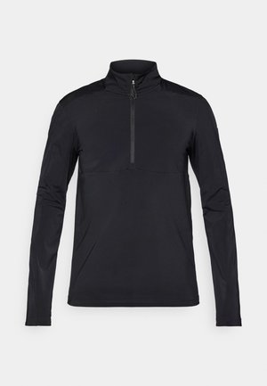 Černý pullover s dlouhým rukávem a vysokým límcem, čtvrtinovým zipem a kontrastními ramenními panely. Hladká, lehká látka.