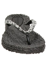Black textured wedge flip-flop sandal with silver and black braided straps and a toe post on a white background.