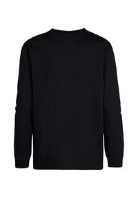 Zwarte long-sleeve katoenen t-shirt met een ronde hals, ribboorden en een zachte structuur, weergegeven vanuit de achterkant.