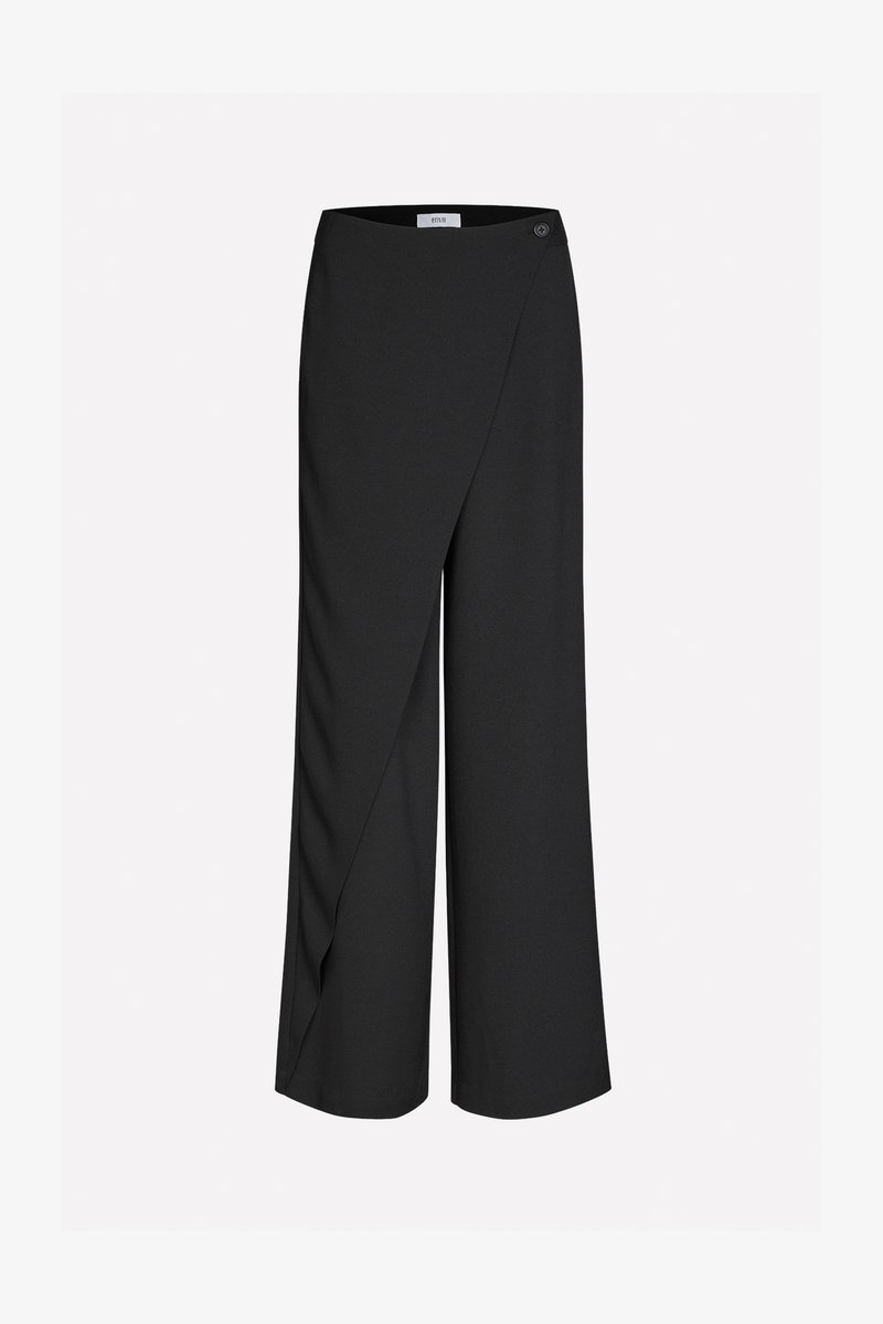 Black wide-leg trousers in a flowy fabric, featuring a wrap design with an off-center button closure and subtle draping details.