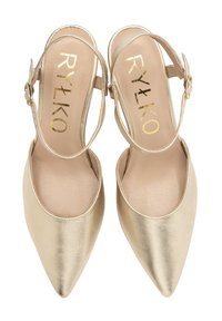 Pantofi cu toc slingback metalici aurii, cu vârful ascuțit și o curea cu un cataramă argintie. Interiorul are o captuseală netedă, de culoare deschisă.