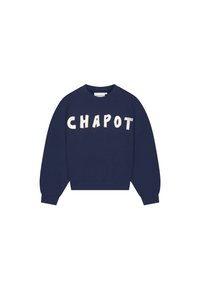 Felpa blu navy con maniche lunghe, collo rotondo e vestibilità oversized. Presenta la parola "CHAPOT" in grassetto, in lettering color avorio sul davanti.