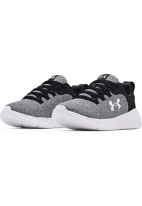 Zapatillas deportivas en negro y gris con parte superior de tejido texturizado, cordones negros, cuello acolchado y una suela de goma blanca. Presenta un logotipo en el lateral.