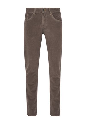 Braune schlanke Cordhosen mit vorderem Knopfverschluss, Vorder- und Gesäßtaschen sowie Gürtelschlaufen.