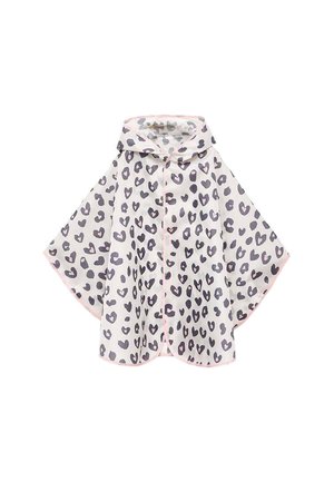 Poncho léger avec une bordure rose, présentant un fond blanc et un motif de cœurs gris foncé. Design avec capuche pour une couverture supplémentaire.