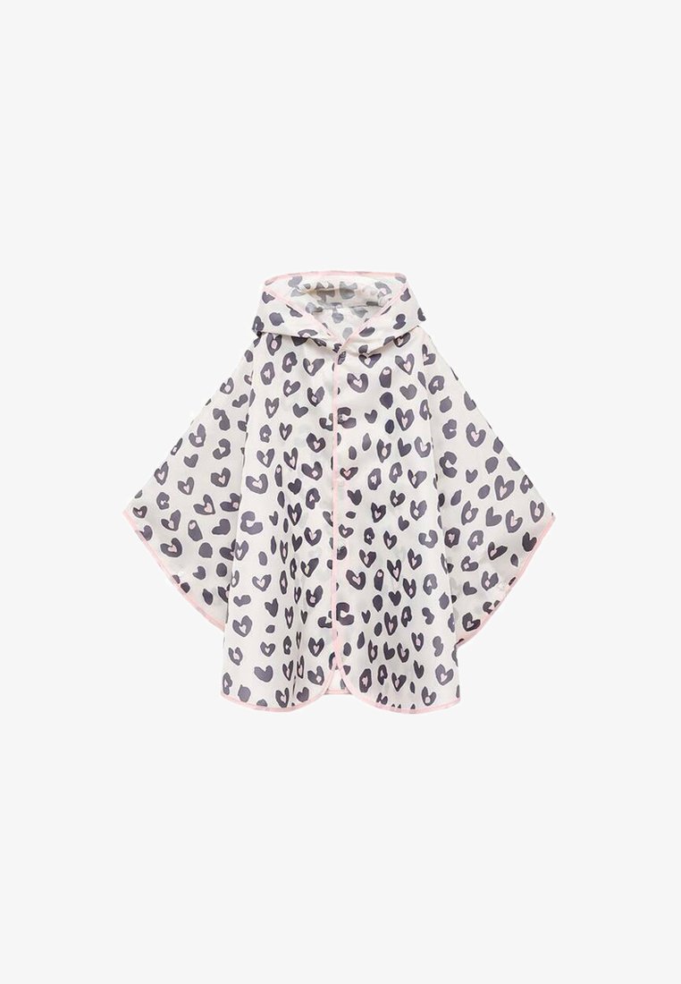 Lichtgewicht poncho met een roze rand, met een witte achtergrond en een patroon van donkergrijze harten. Met capuchonontwerp voor extra bedekking.