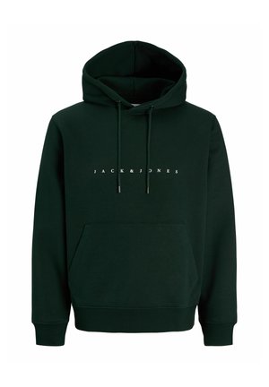 Donkergroene hoodie met voorzak en witte tekst "JACK & JONES" gecentreerd op de borst.