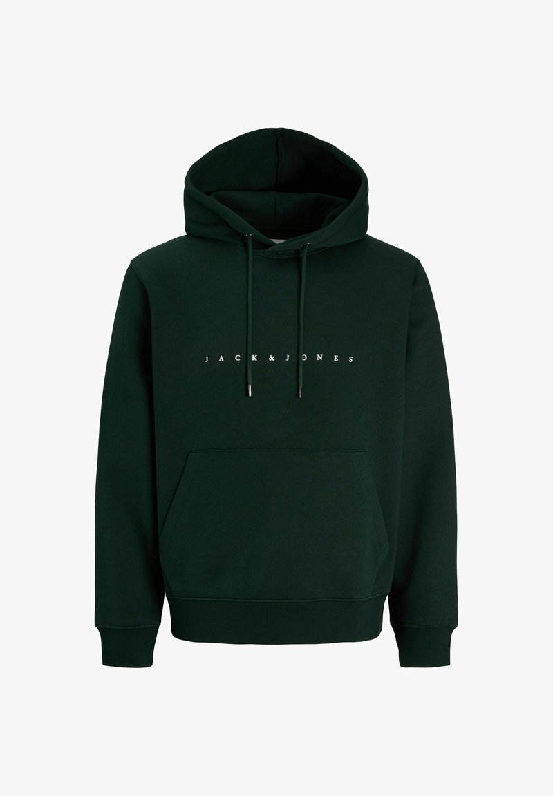 Sweat à capuche vert foncé avec poche avant et inscription "JACK & JONES" en blanc, centrée sur la poitrine.