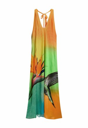 Maxikleid aus leichtem Stoff mit einem orange-grünen Farbverlauf, Drucken von Paradiesvogel und Kolibri sowie einer Rückenschnürung.