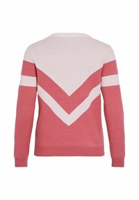 Rožinė megzta palaidinė su chevrono raštu šviesiai rožinės ir baltos spalvos, turinti ilgus rankovės ir apvalią iškirptę.