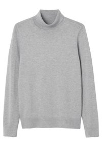 Szary sweter z golfem wykonany z miękkiego dzianinowego materiału, z długimi rękawami, prążkowanym kołnierzem i mankietami, o gładkiej fakturze na całej powierzchni.