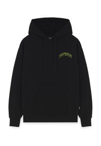 Felpa nera in cotone con tasca a marsupio e cappuccio regolabile con lacci. Presenta la scritta lime green "PROPAGANDA" sul petto.