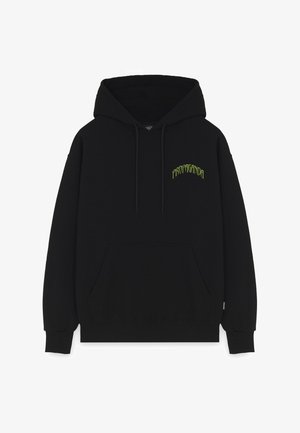 Felpa nera in cotone con tasca a marsupio e cappuccio regolabile con lacci. Presenta la scritta lime green "PROPAGANDA" sul petto.