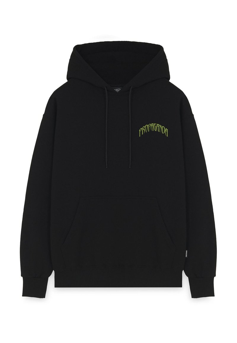 Felpa nera in cotone con tasca a marsupio e cappuccio regolabile con lacci. Presenta la scritta lime green "PROPAGANDA" sul petto.