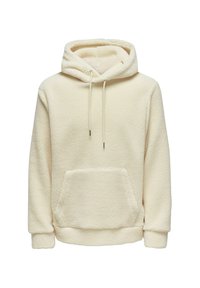 Cremfarbener Fleece-Hoodie mit strukturierter Oberfläche, einer verstellbaren Kapuze, einer Taschenfront und gerippten Bündchen. Weiches, warmes Material für lässige Kleidung.