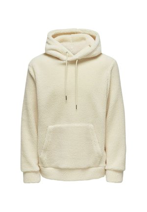 Cremfarbener Fleece-Hoodie mit strukturierter Oberfläche, einer verstellbaren Kapuze, einer Taschenfront und gerippten Bündchen. Weiches, warmes Material für lässige Kleidung.
