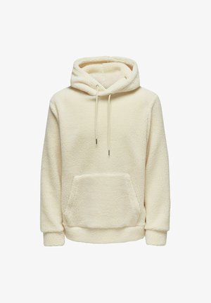 Cremfarbener Fleece-Hoodie mit strukturierter Oberfläche, einer verstellbaren Kapuze, einer Taschenfront und gerippten Bündchen. Weiches, warmes Material für lässige Kleidung.