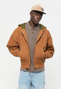 Brun bomulds hættetrøje med grøn foring, lynlås foran, ribbede ærmer og lommer. Båret over en grå polo skjorte og lyseblå jeans.