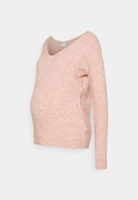Pull de maternité rose clair, design à col en V, manches longues, texture douce, matériau tricoté, légèrement froncé au niveau du ventre pour un meilleur ajustement.