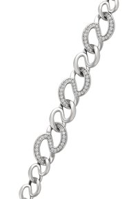 Strieborný náramok s prepletenými tvarmi, alternujúcimi hladkými a zdobenými časťami s malými priehľadnými kamienkami. Lesklý, leštený povrch.