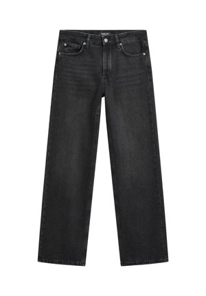 Wide-leg jeans made of dark gray denim. Features five pockets, a button front, and subtle whiskering along the thighs. Classic design.