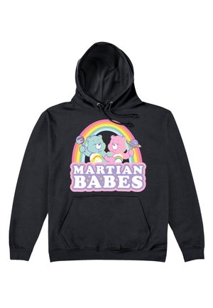 Czarny hoodie z grafiką przedstawiającą dwa kreskówkowe niedźwiedzie, jeden niebieski, a drugi różowy, trzymające planety pod tęczą, z napisem "MARTIAN BABES."