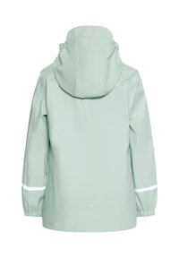 Vattentät mintgrön jacka med huva, elastiska ärmmuddar, reflexdetaljer och en slät yta. Visas från bakre vyn.