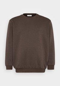 Brązowa bluza z okrągłym dekoltem wykonana z miękkiej bawełnianej mieszanki. Posiada ściągacze na mankietach i dolnym brzegu, gładką, jednolitą fakturę bez widocznych wzorów.