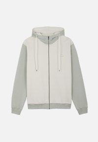Sweat à capuche zippé gris clair et blanc cassé avec fermeture éclair sur le devant, capuche avec cordon et bords-côtes aux poignets et à l'ourlet.