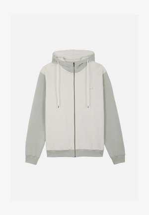 Jasnoszara i kremowo-biała bluza z kapturem na zamek błyskawiczny z przodu, z kapturem ze sznurkiem i ściągaczami na rękawach oraz u dołu.
