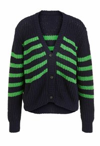 Pletený kardigan v námořnické modři se zelenými vodorovnými pruhy. Má výstřih do V, knoflíky vpředu a žebrované manžety a lem.