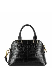Borsa a tracolla nera in finta pelle con texture a coccodrillo, hardware dorato e doppi manici superiori, dotata di chiusura con zip e tracolla staccabile.