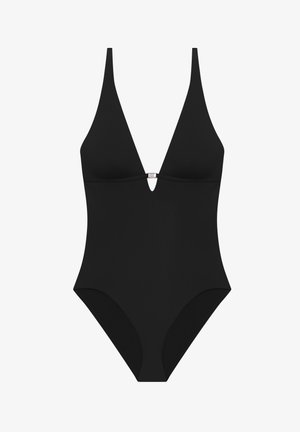 Black one-piece swimsuit with deep V neckline and a small metal clasp detail at the center front.