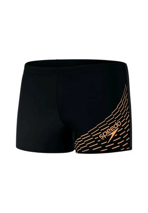 Pantaloni da bagno neri con un motivo diagonale arancione e il logo "Speedo" sul lato sinistro. Realizzati in materiale liscio e elastico.