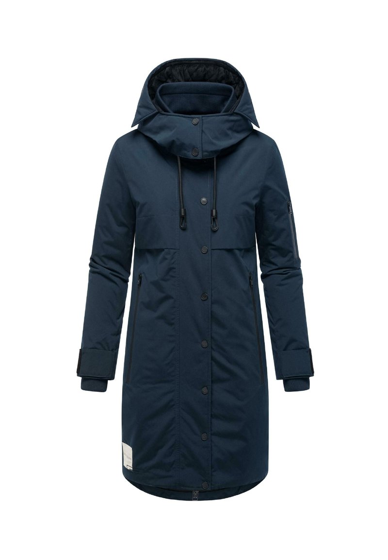 Tumši zila aizpildīta parka jaka ar augstu apkakli, divām rāvējslēdzēja kabatām, pogu aizdari un regulējamu vilkšanas kapuci. Bieza, mīksta tekstūra.