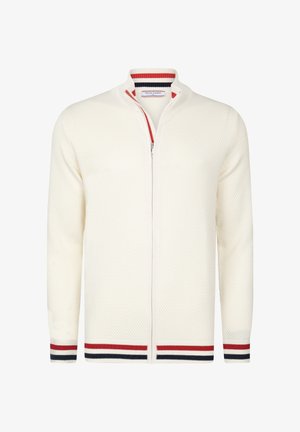 Cardigan zip-up color avorio con motivo a maglia testurizzato, presenta dettagli a strisce rosse e blu sul colletto e sui polsini.