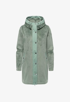 Giacca in corduroy verde chiaro con cappuccio liscio, bottoni a pressione, tasche frontali e un pannello con zip a contrasto. Presenta un tessuto texturizzato e lacci regolabili.
