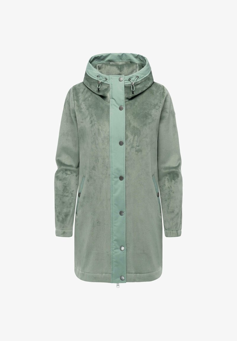 Light green corduroy jacket with a smooth hood, snap buttons, front pockets, and a contrast zipper panel. Features textured fabric and adjustable drawstrings.