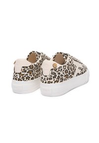 Leopard print sneakers with a textured fabric upper, white rubber sole, and a decorative button accent on the heel.