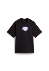 Sort bomulds T-shirt med rund halsudskæring, med et lilla og hvidt Vans-logo på forsiden. Korte ærmer og standard pasform.