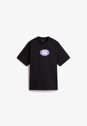Black cotton T-shirt with a round crew neck, featuring a purple and white Vans logo on the front. Short sleeves and standard fit.