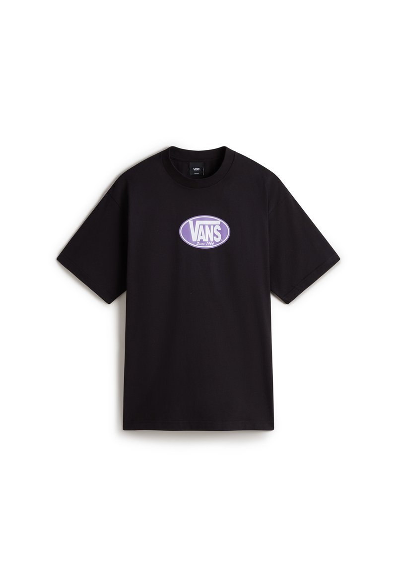 Sort bomulds T-shirt med rund halsudskæring, med et lilla og hvidt Vans-logo på forsiden. Korte ærmer og standard pasform.