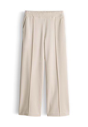 Beige wijde broek met plooien, elastische tailleband en zijzakken, getoond op een witte achtergrond.