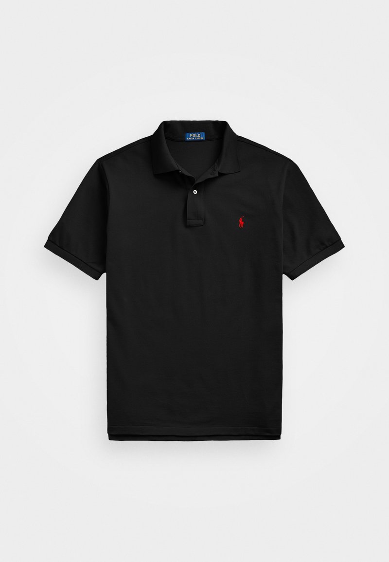 Schwarzes Polo-Shirt aus Baumwolle, mit geripptem Kragen, Zwei-Knopf-Leiste und einem kleinen roten gestickten Logo auf der Brust.