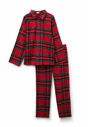 Set di pigiama in flanella a quadri rossi e neri, composto da una camicia a maniche lunghe con bottoni e pantaloni abbinati con vita elastica. Texture morbida.