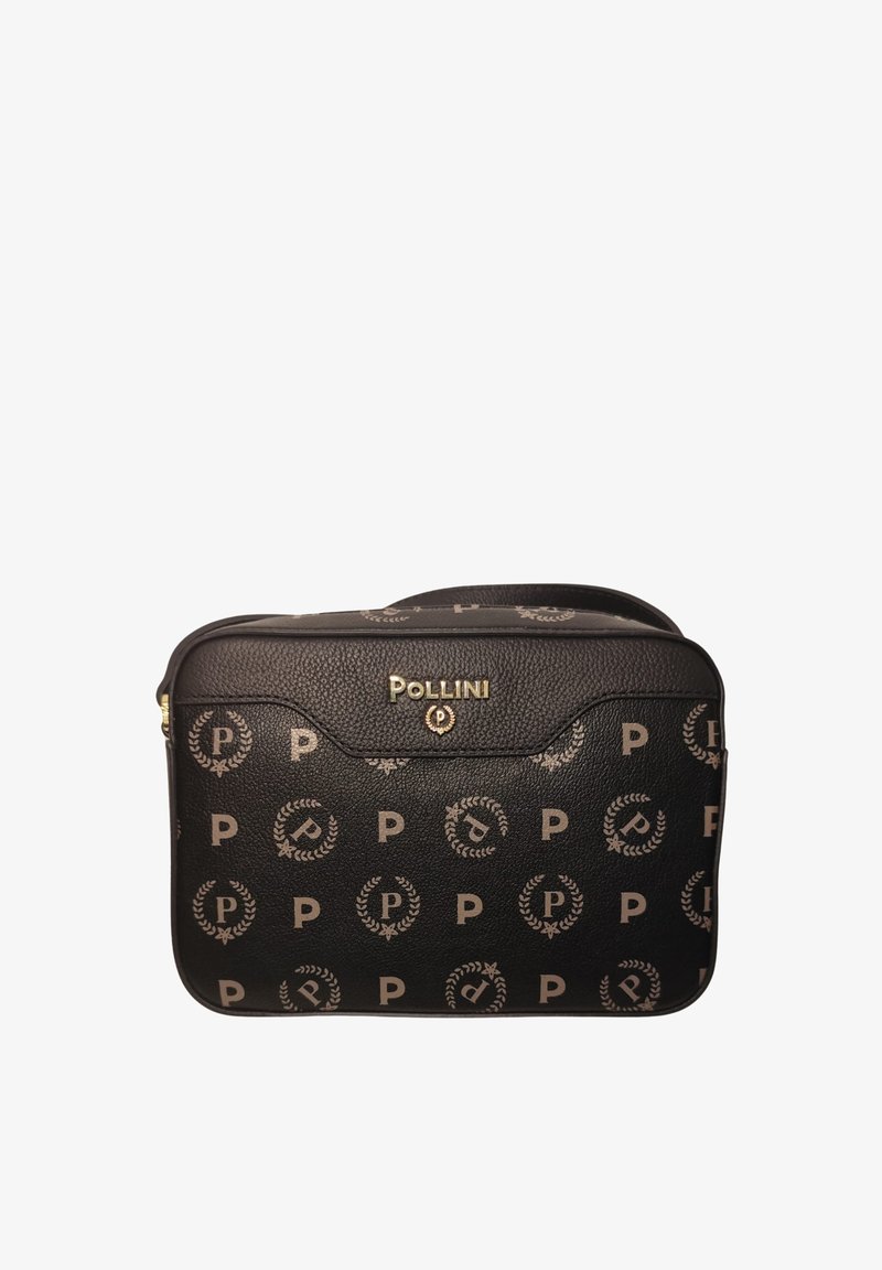 Schwarze Pollini Umhängetasche mit beigem, sich wiederholendem "P"- und Lorbeerkranz-Logo-Muster sowie goldenem Markennamensschild.